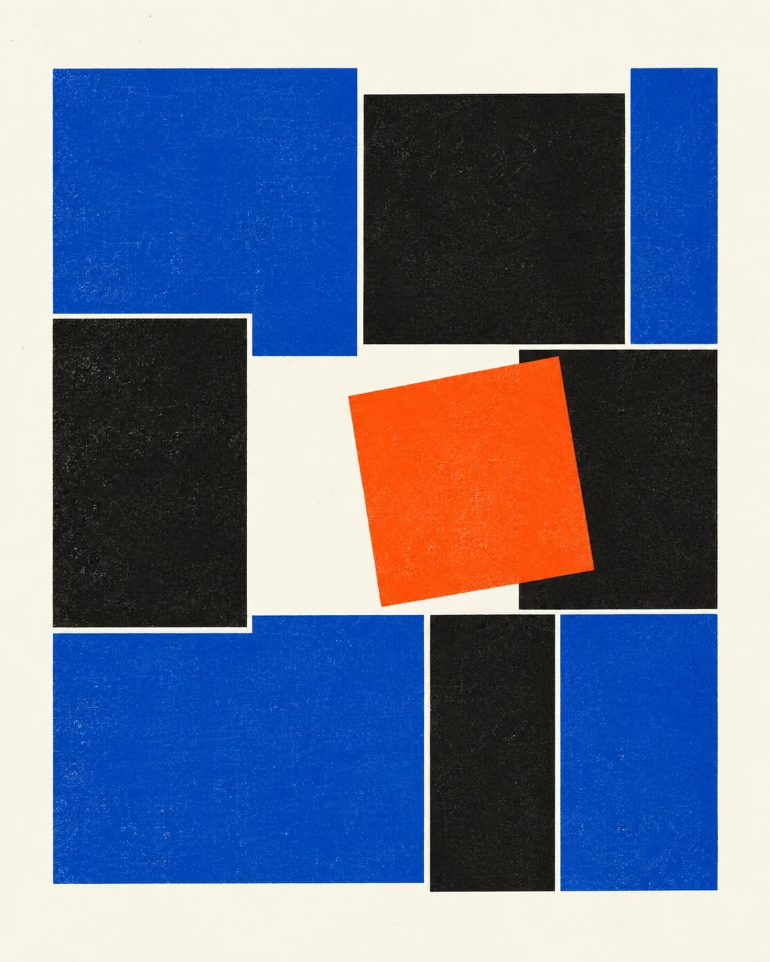 Een oranje module schuift in een modulair raster van blauwe en zwarte vlakken.