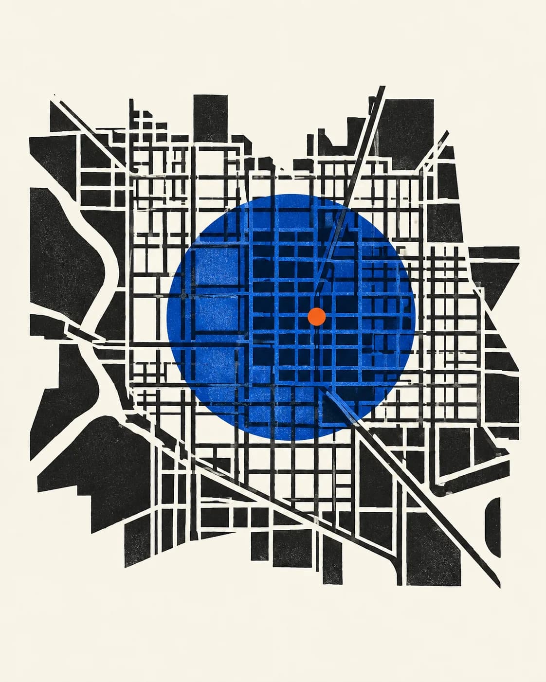 Een abstract stratenraster met een blauwe cirkel en een oranje locatiepunt.