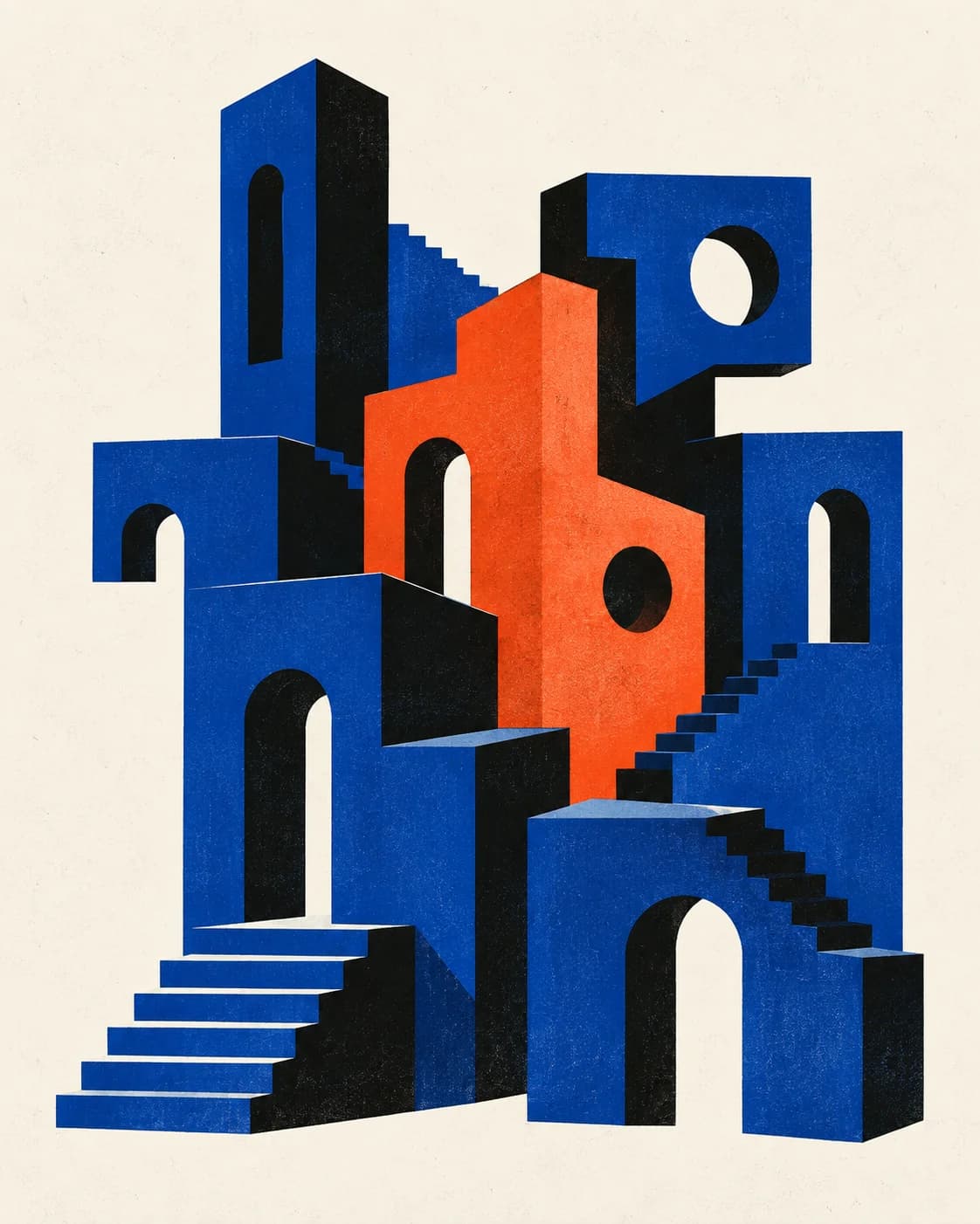 Blauwe architectonische modules met trappen en bogen rond een vermiljoen kern.