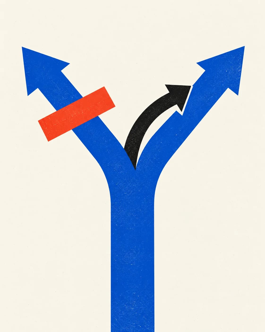 Een vermiljoen poort onderbreekt en stuurt een blauwe vertakking bij.