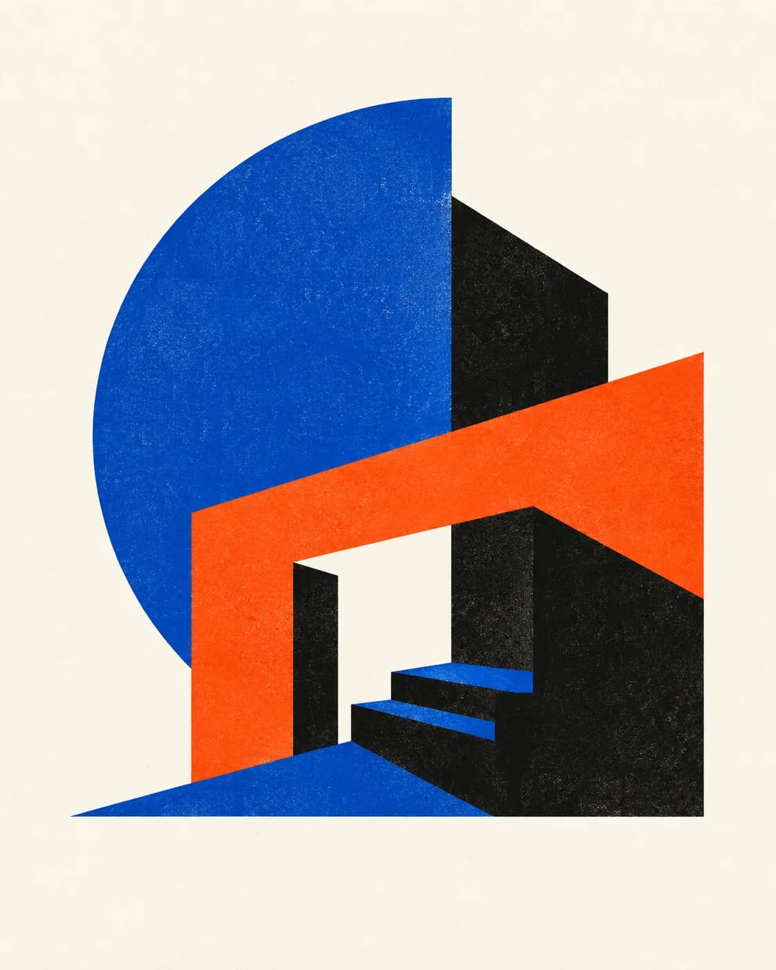 Abstracte compositie van in elkaar grijpende blauwe, oranje en zwarte vormen.
