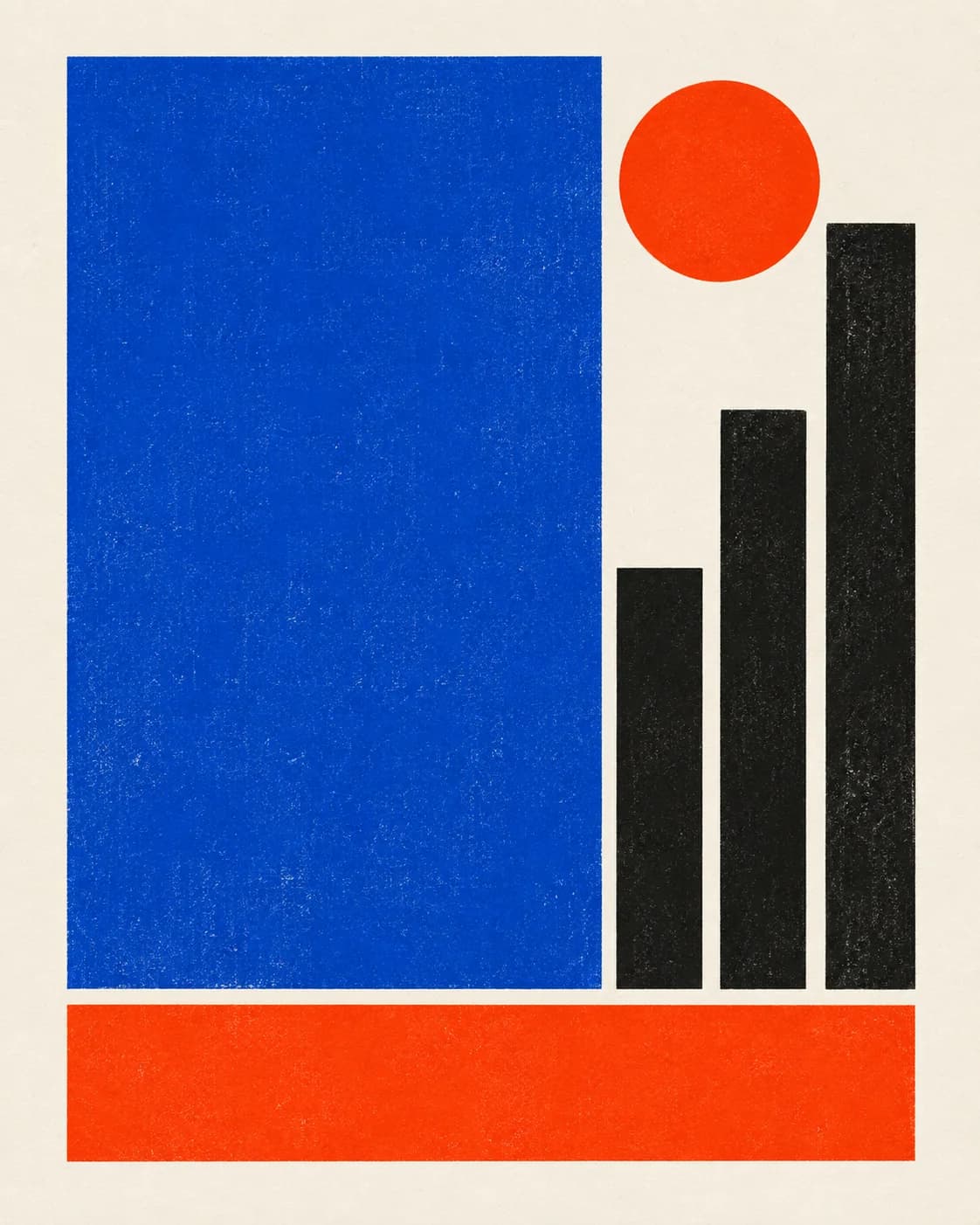 Een groot blauw vlak naast drie zwarte kolommen, boven een oranje basislijn.