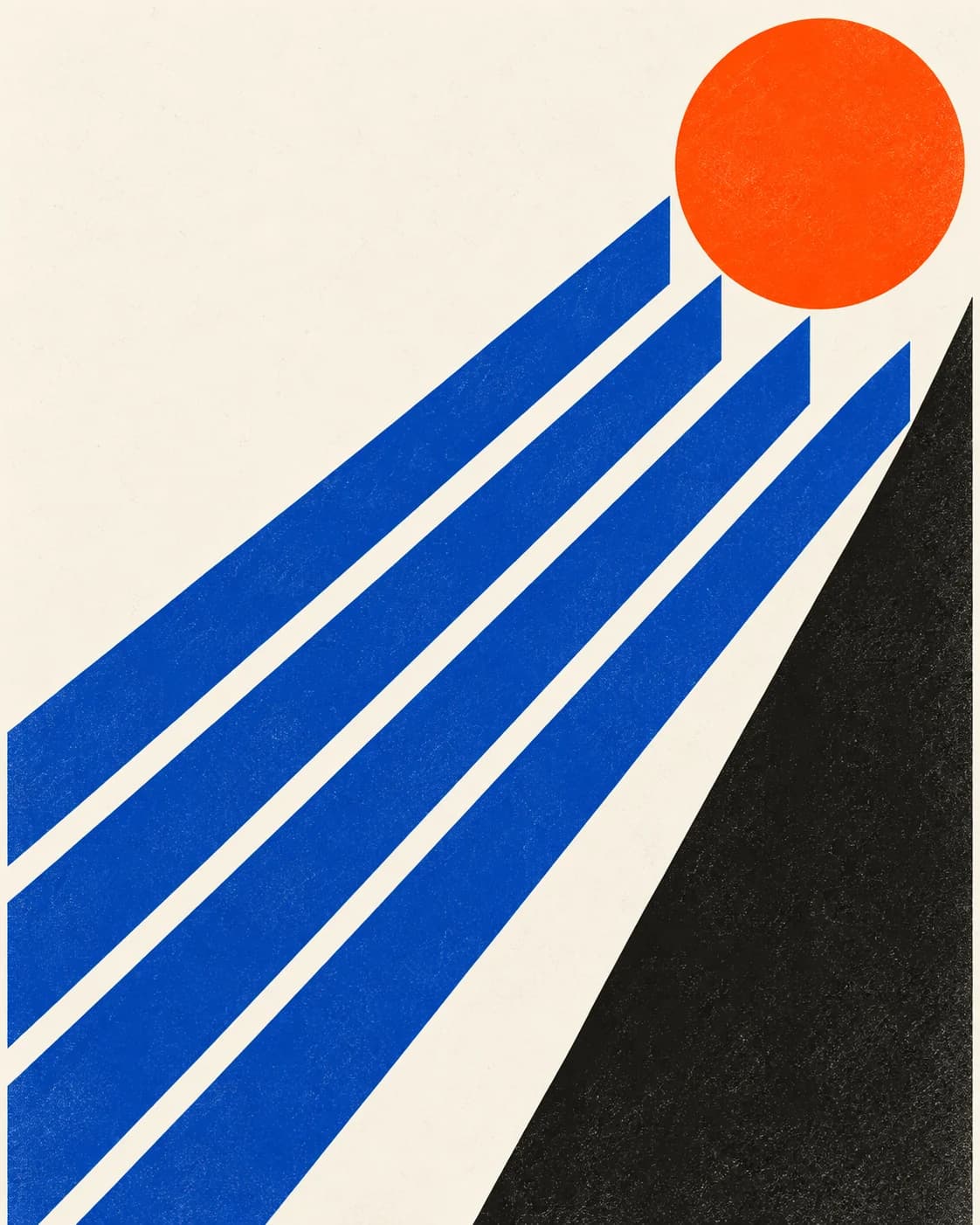 Oplopende blauwe diagonalen en een zwarte wig wijzen naar een oranje cirkel.